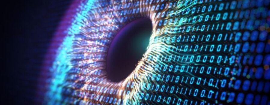 A digitally rendered image resembling a human eye, with binary code forming the iris and radiating lines, symbolizing the fusion of artificial intelligence and human perception.