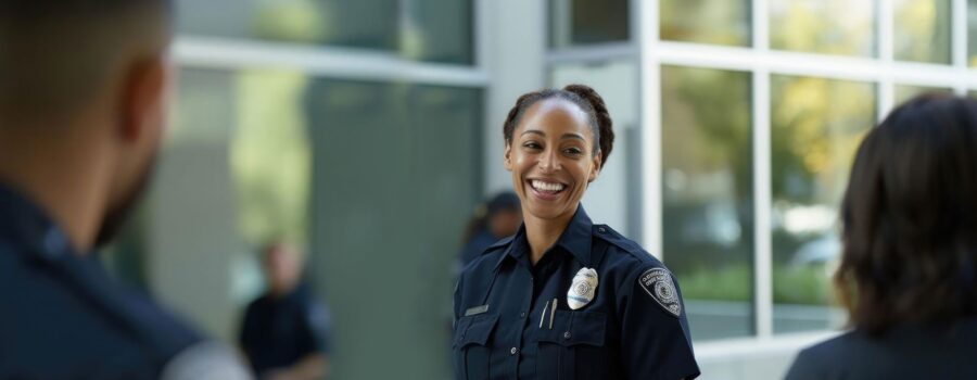 A smiling police officer stands outdoors in uniform while engaging in conversation with two other individuals.
