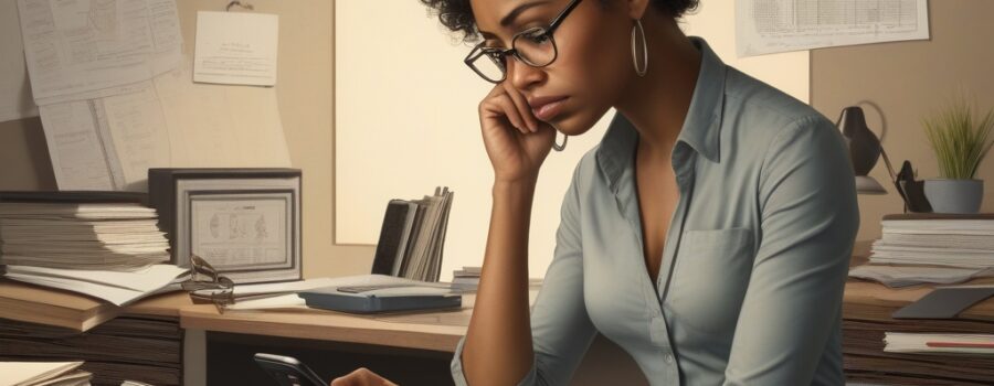 A woman with curly hair wearing glasses sits at a cluttered desk, looking at her phone. She has a laptop open in front of her and papers pinned on the wall behind her.