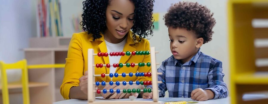 An adult and child sit at a table with a colorful abacus, engaging in playful learning. PGWP materials peek from the shelves, adding to the educational atmosphere in the background.