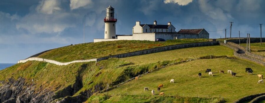 A lighthouse and buildings sit on a grassy hilltop overlooking the ocean. Cows graze in the field below, surrounded by a stone fence. Cloudy sky in the background.
