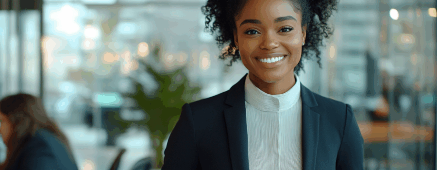 A woman in professional attire stands smiling in a modern office, holding documents, with colleagues working in the background.