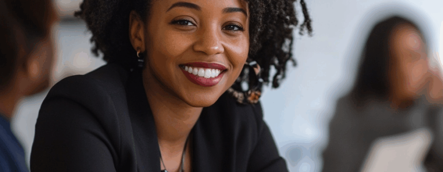 A woman in a black blazer sits at a desk, smiling at the camera, with blurred colleagues and colorful sticky notes in the background—an ideal setting for discussing Study Permits.