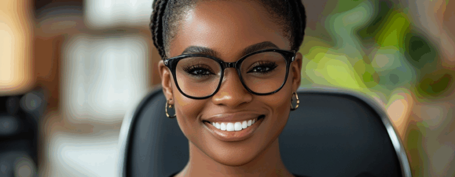 A woman with glasses and braided hair sits at a desk, smiling, ready to discuss immigration strategy in an office setting with shelves and plants in the background.