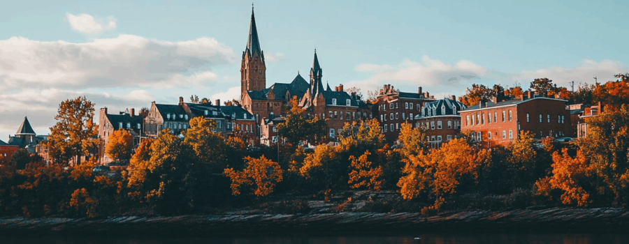 A scenic view of a riverside town with historic brick buildings and a church spire, surrounded by autumn trees, reflected in calm water under a partly cloudy sky.